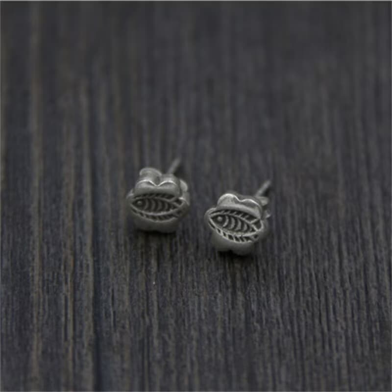 Real 925 Sterling Thai Silver Retro Totem Carved Fish Studs for Women Earrings