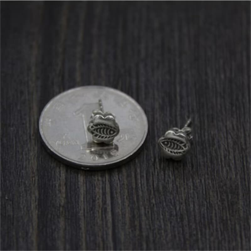 Real 925 Sterling Thai Silver Retro Totem Carved Fish Studs for Women Earrings