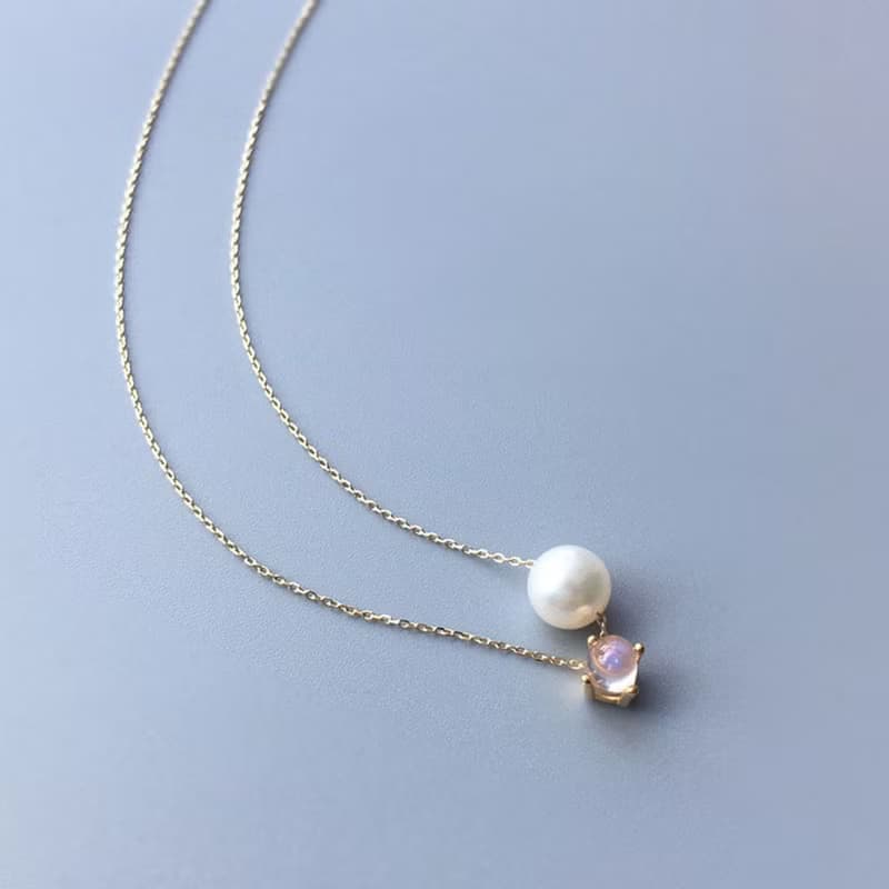 K10/SV925 Moonstone Necklace, June Birthstone,Pearl Dainty Necklace月光石