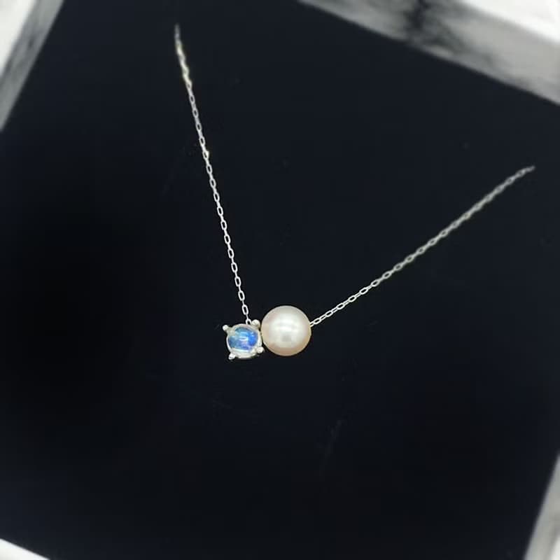 K10/SV925 Moonstone Necklace, June Birthstone,Pearl Dainty Necklace月光石
