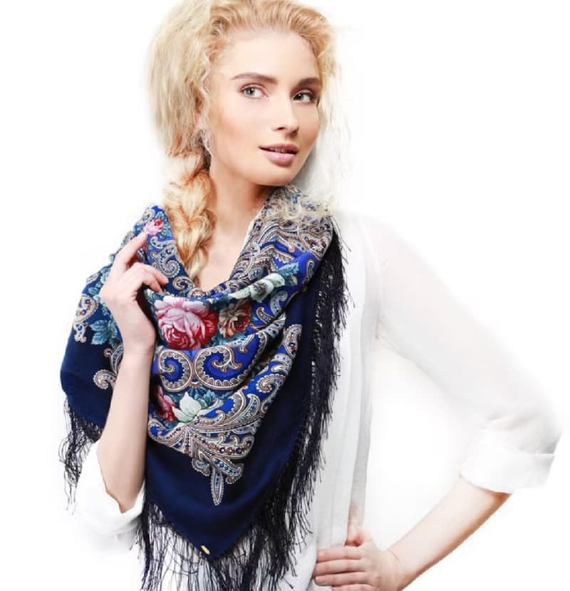 Pavlovo Posad Russian Shawl 100% Wool Scarf 125x125 cm Wrap Silk Fringe 1437-14