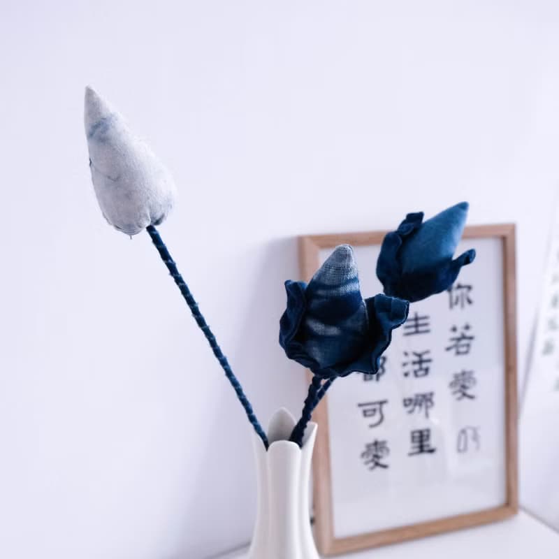 蓝染荷花 草木染禅意永生花手工捧花布艺花花艺 乔迁礼物生日礼物