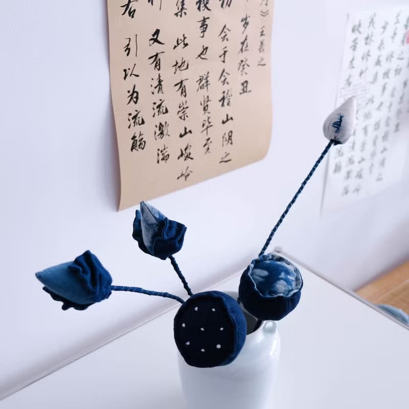 蓝染荷花 草木染禅意永生花手工捧花布艺花花艺 乔迁礼物生日礼物