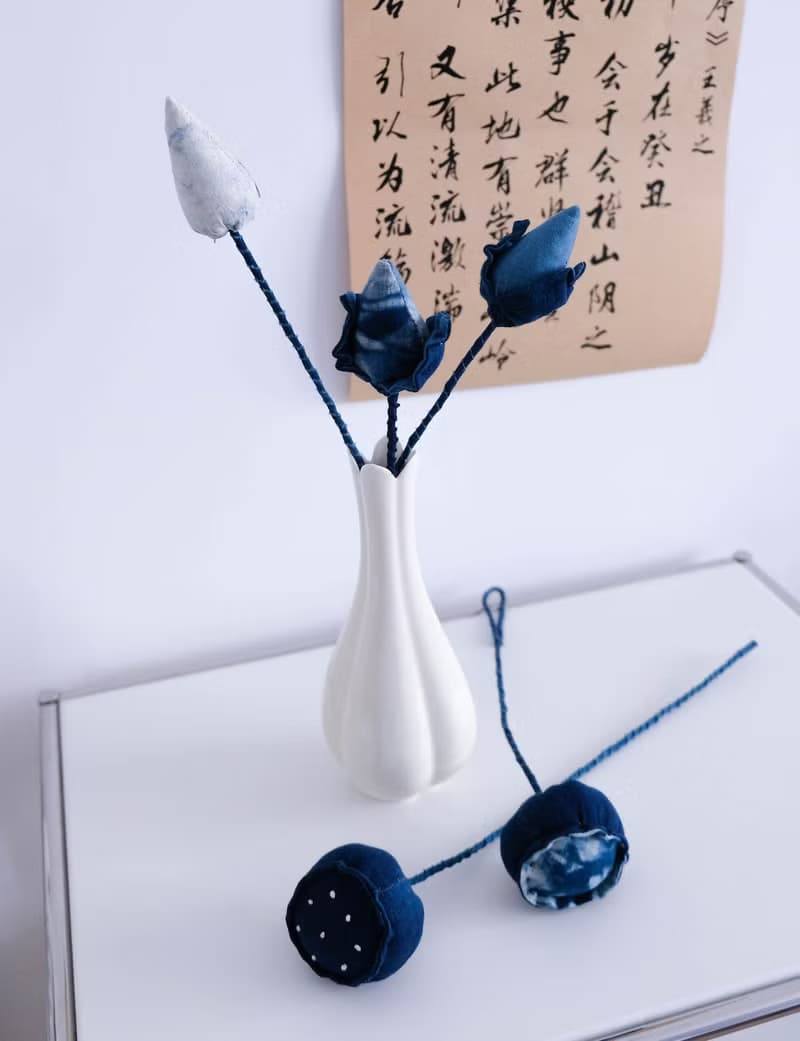 蓝染荷花 草木染禅意永生花手工捧花布艺花花艺 乔迁礼物生日礼物
