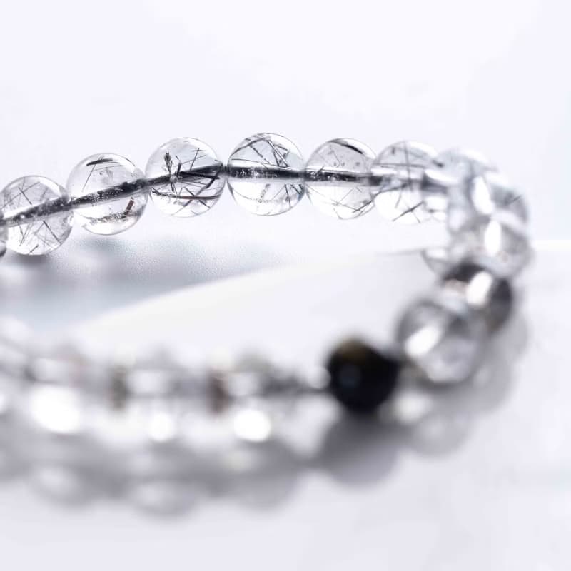 8mm黑髮晶黑曜石925純銀手鍊| 辟邪防小人 | 天然水晶手鍊禮物
