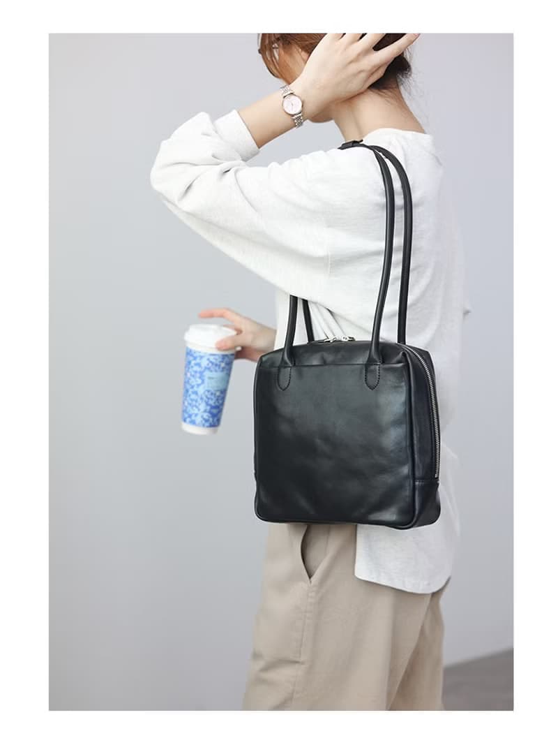 软皮 托特包日式手工方包黑色 休闲女包多功能手提 大号