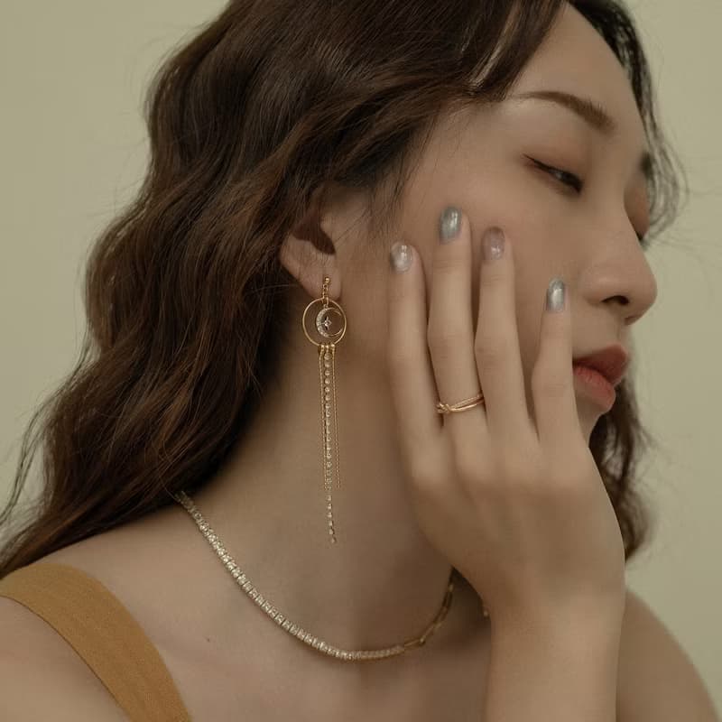 月亮女神流蘇排鑽耳環 夾式耳環 派對耳環