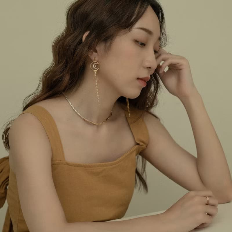 月亮女神流蘇排鑽耳環 夾式耳環 派對耳環
