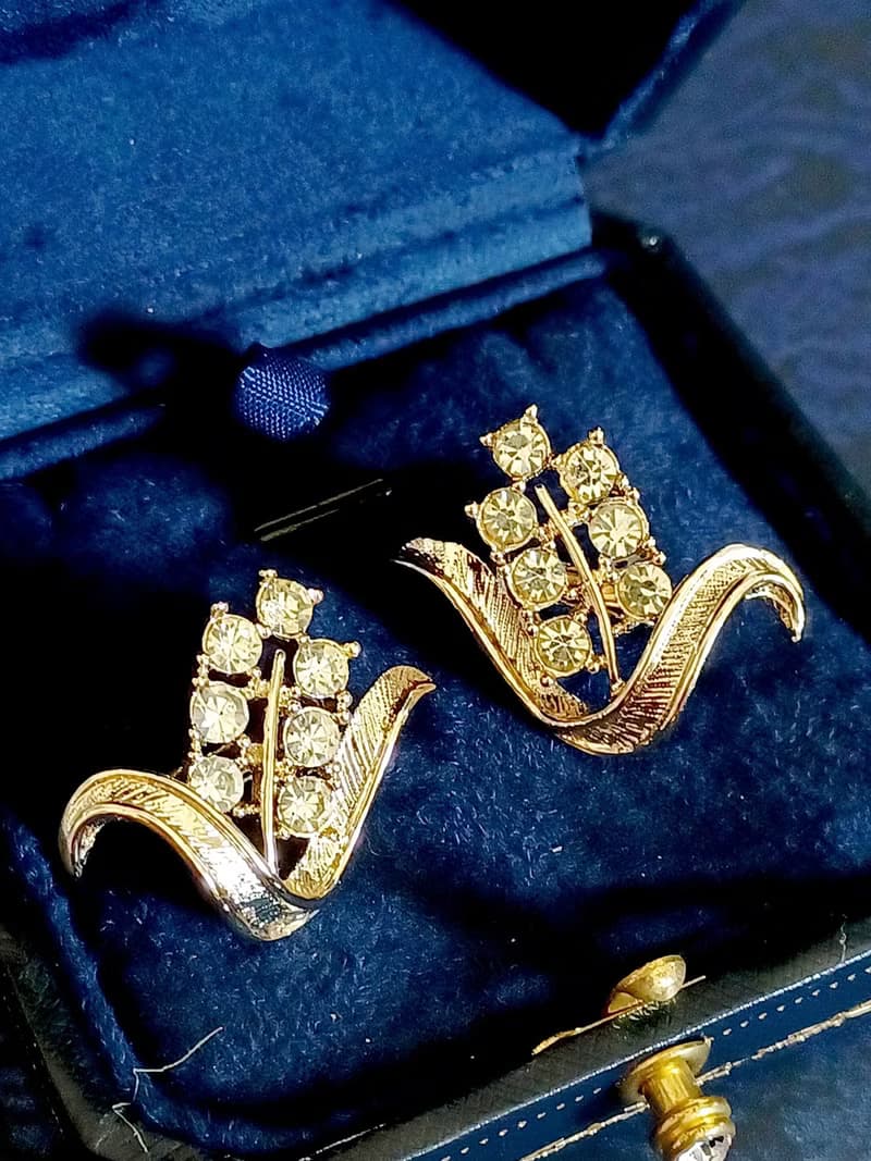vintage jewelry SARAH COV 金色水鑽小麥玉米夾式耳環