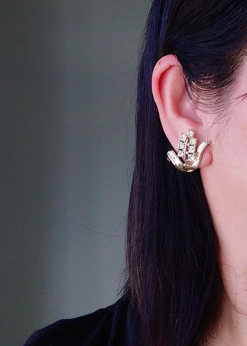 vintage jewelry SARAH COV 金色水鑽小麥玉米夾式耳環