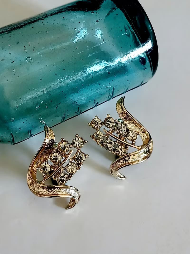 vintage jewelry SARAH COV 金色水鑽小麥玉米夾式耳環