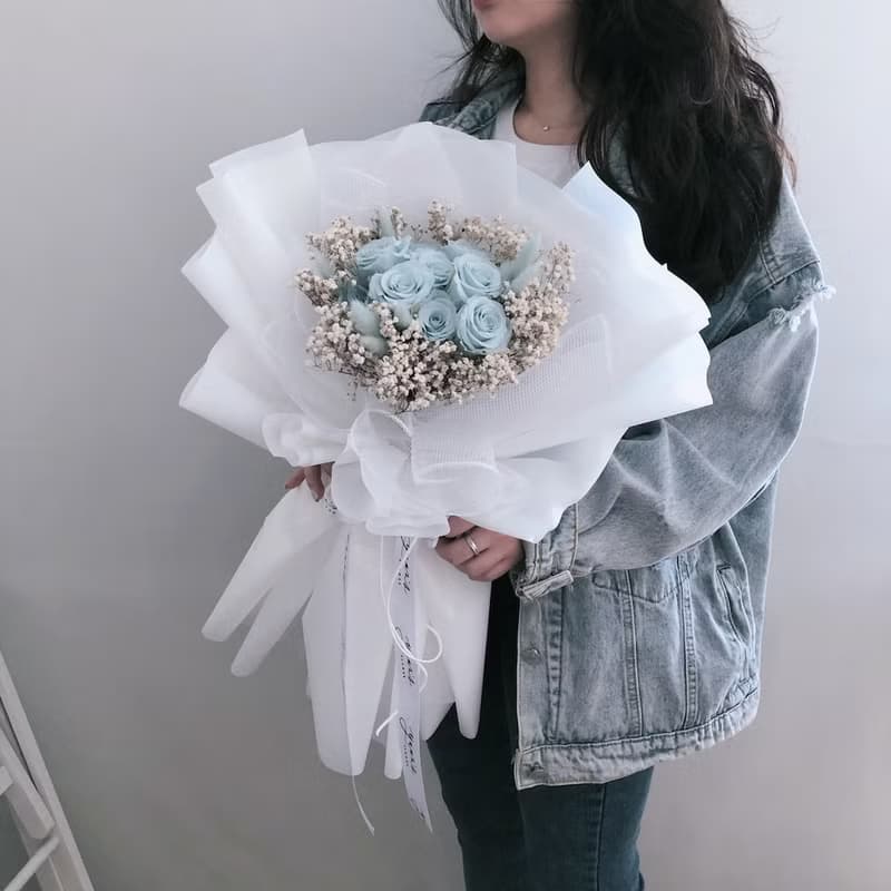 經典淺藍玫瑰永生花 情人節花束 畢業花束 生日禮物 乾燥花 空靈