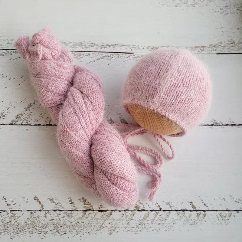 Pink Melange Fluffy Newborn Hat with Wrap, Knitted Photo Props