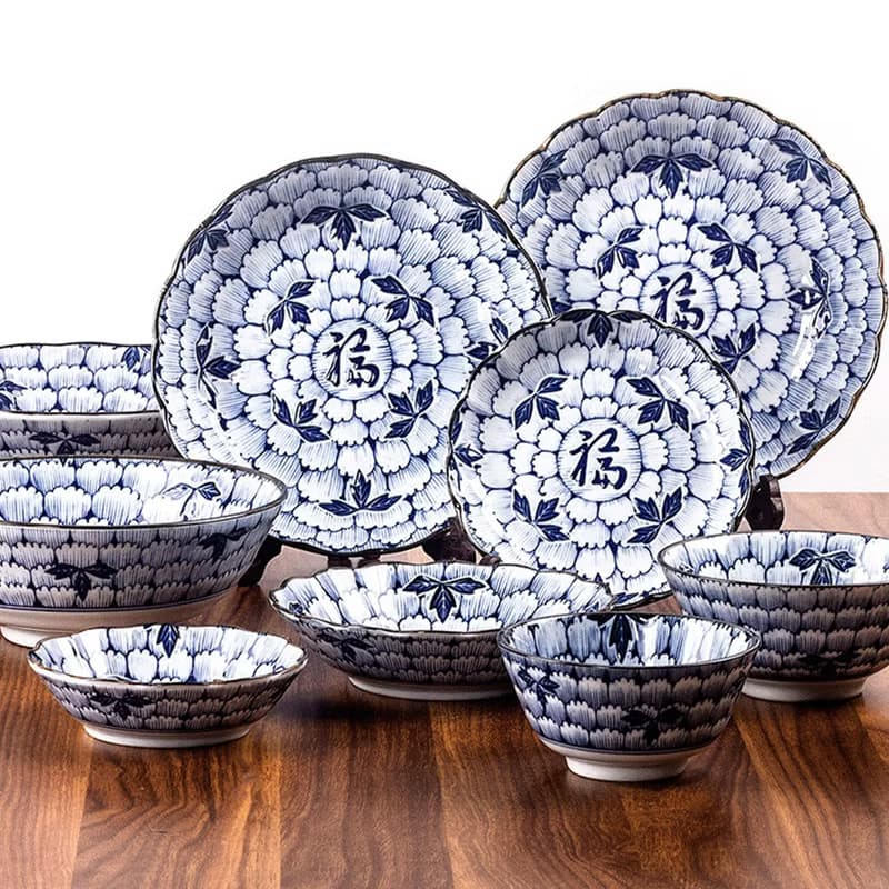 日本仁峰 美濃燒釉下彩花萬葉青花福字陶瓷盤子菜盤湯碗飯碗餐具