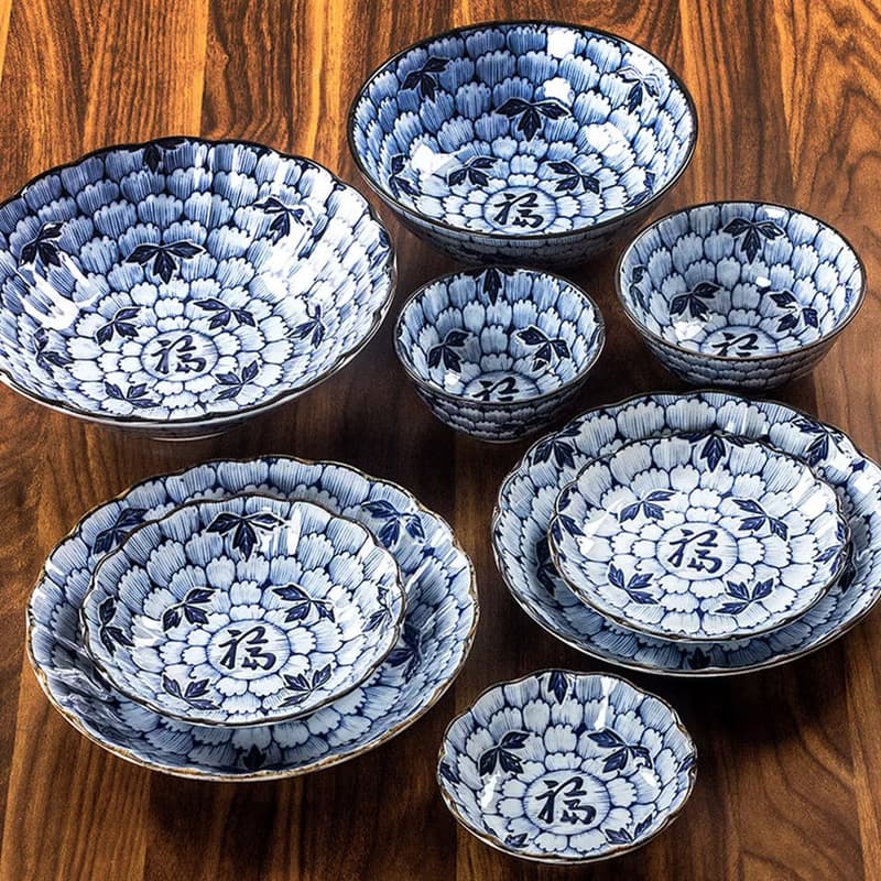 日本仁峰 美濃燒釉下彩花萬葉青花福字陶瓷盤子菜盤湯碗飯碗餐具
