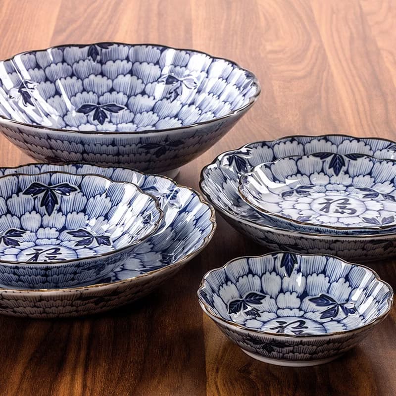 日本仁峰 美濃燒釉下彩花萬葉青花福字陶瓷盤子菜盤湯碗飯碗餐具