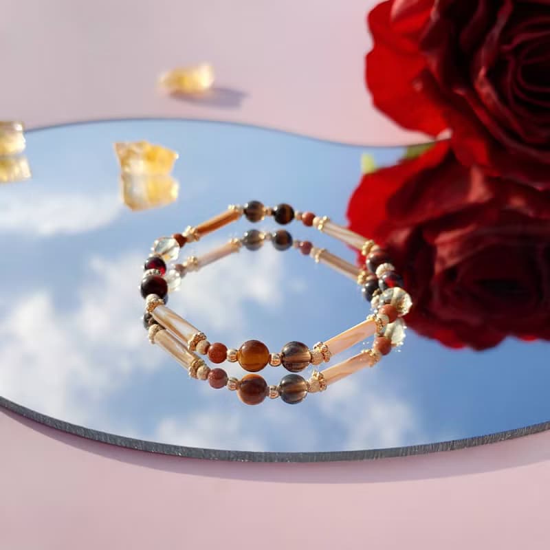 風中奇緣。紅虎眼 石榴石 黃水晶 14K包金 水晶礦石設計手鍊