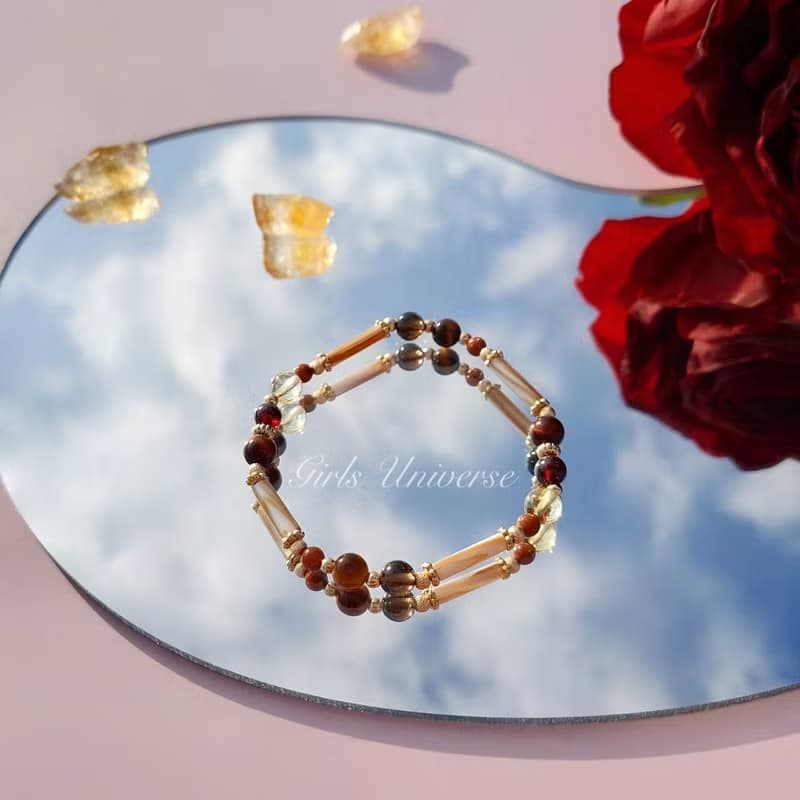 風中奇緣。紅虎眼 石榴石 黃水晶 14K包金 水晶礦石設計手鍊