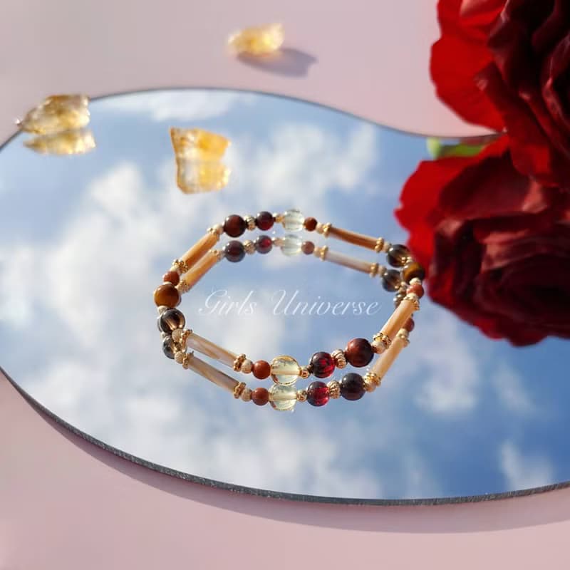 風中奇緣。紅虎眼 石榴石 黃水晶 14K包金 水晶礦石設計手鍊