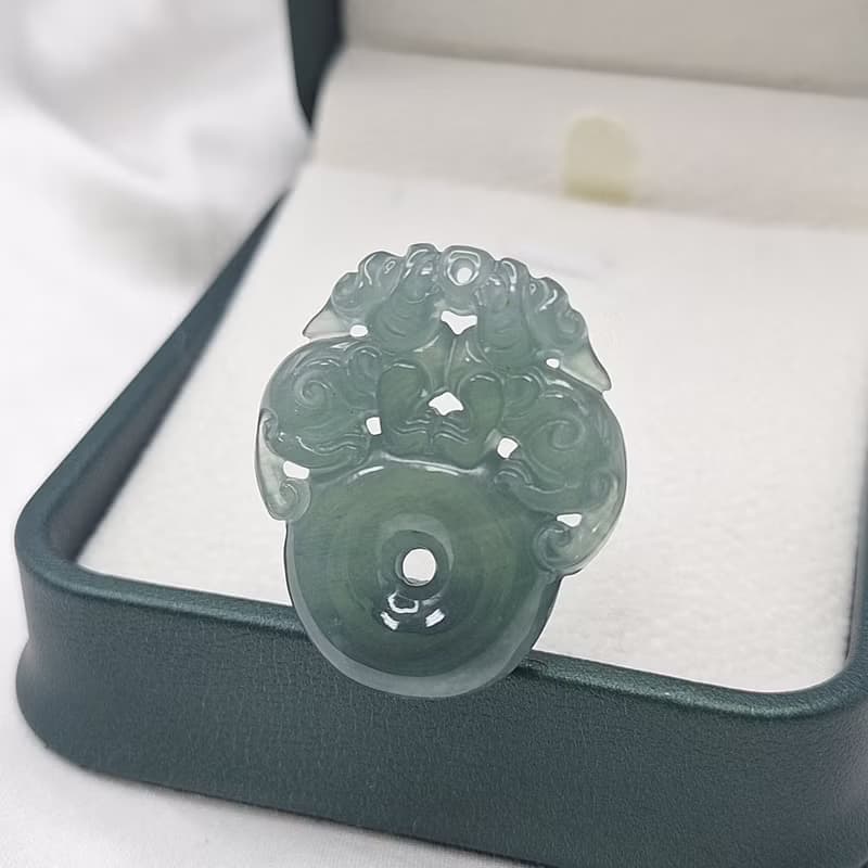 瓜料 冰起膠 深海藍 雙貔貅 平安扣 吊墜 | 天然A貨翡翠