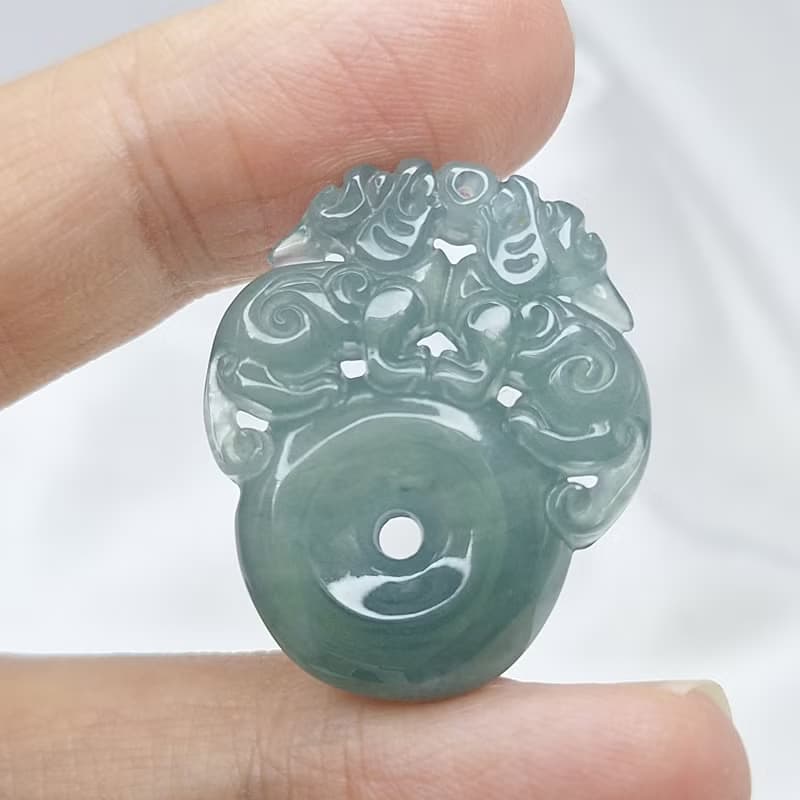 瓜料 冰起膠 深海藍 雙貔貅 平安扣 吊墜 | 天然A貨翡翠
