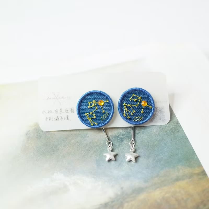 宇宙#39 星座圖 水瓶座 手刺繡貼耳耳環 耳夾/耳針