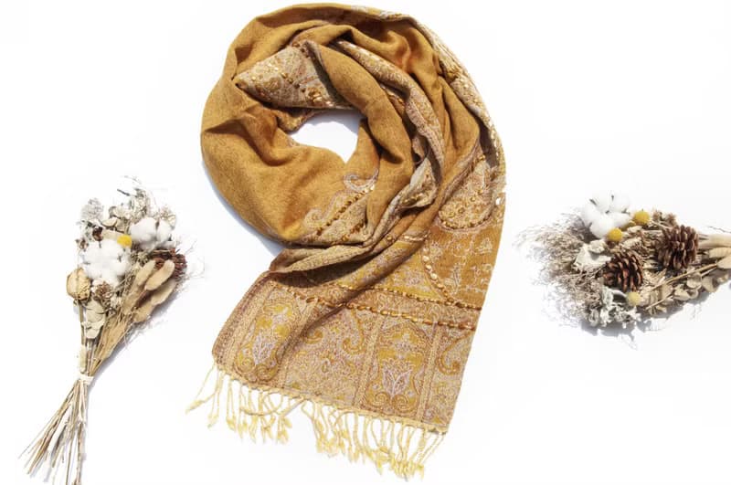 喀什米爾Cashmere/水煮羊毛披肩/針織圍巾/刺繡圍巾/羊絨披巾-花
