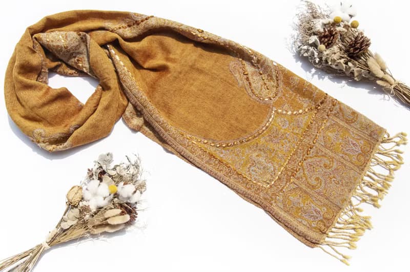 喀什米爾Cashmere/水煮羊毛披肩/針織圍巾/刺繡圍巾/羊絨披巾-花