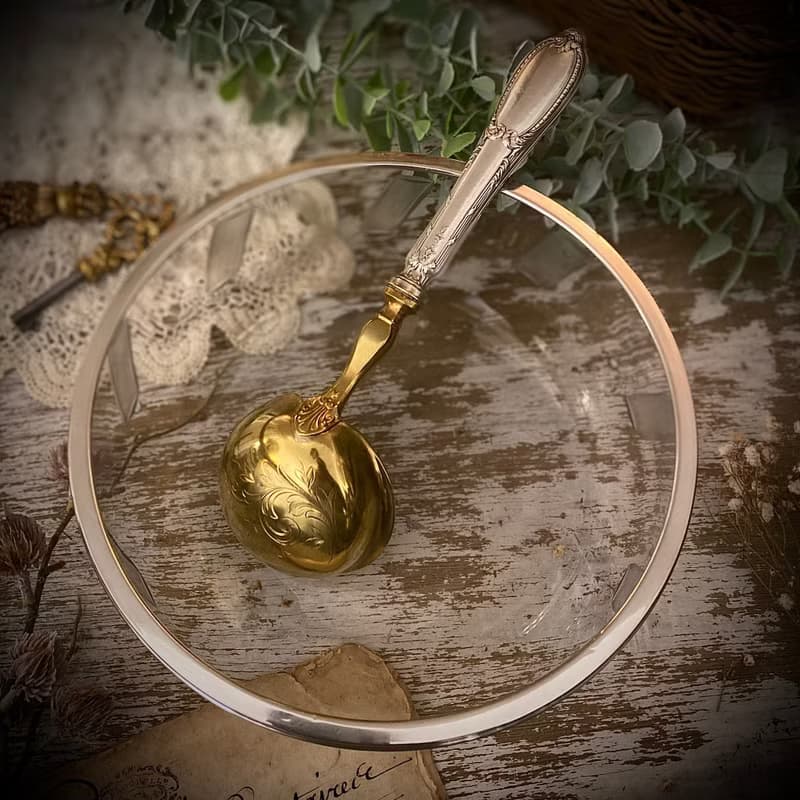 法國19世紀路易16風格純銀柄 黃銅碗面湯勺