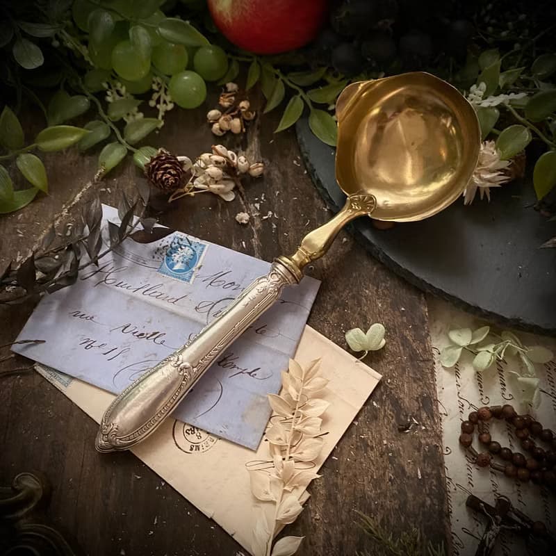 法國19世紀路易16風格純銀柄 黃銅碗面湯勺