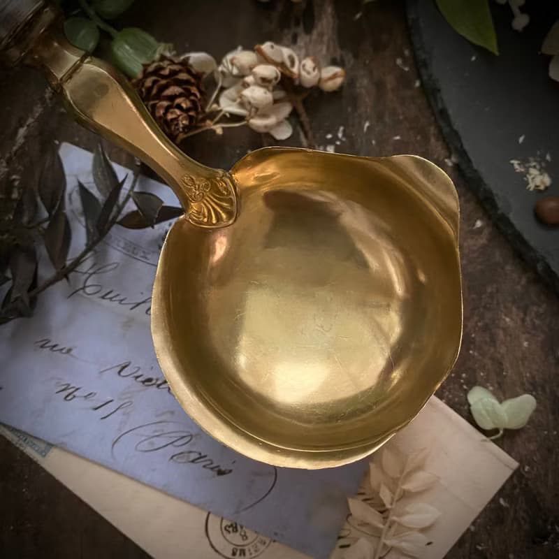 法國19世紀路易16風格純銀柄 黃銅碗面湯勺