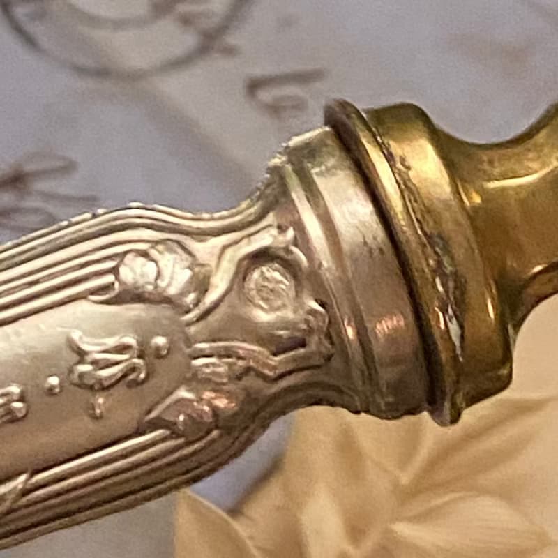 法國19世紀路易16風格純銀柄 黃銅碗面湯勺