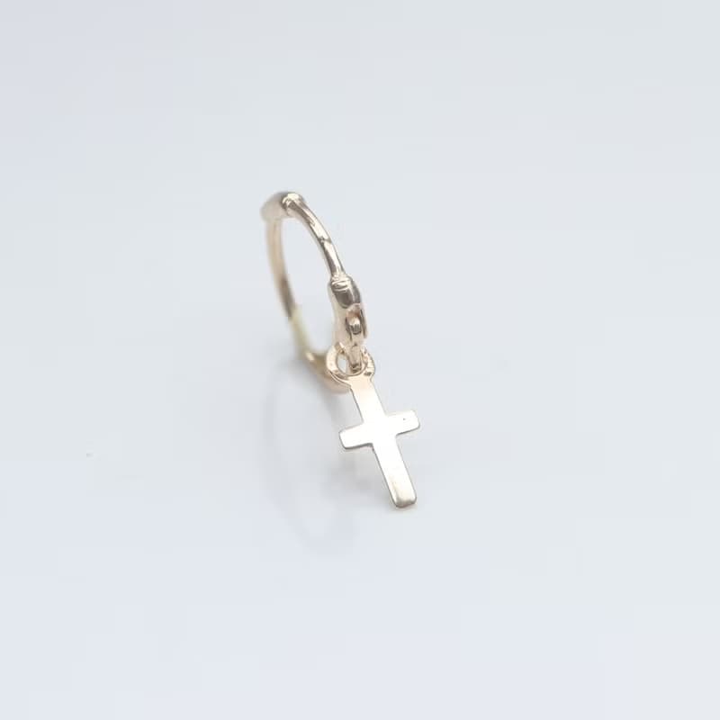 14K 垂墜小十字架耳扣耳環 (內徑7 mm) (單個) 碰水不褪色