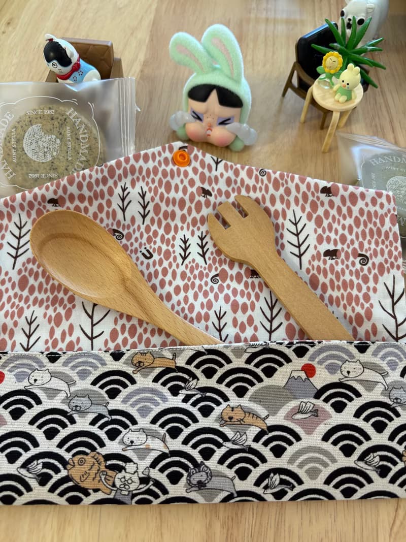 文青風環保純棉筷袋 喵喵樂悠遊 原胚咖啡 日本 潮物 收納 手作餐