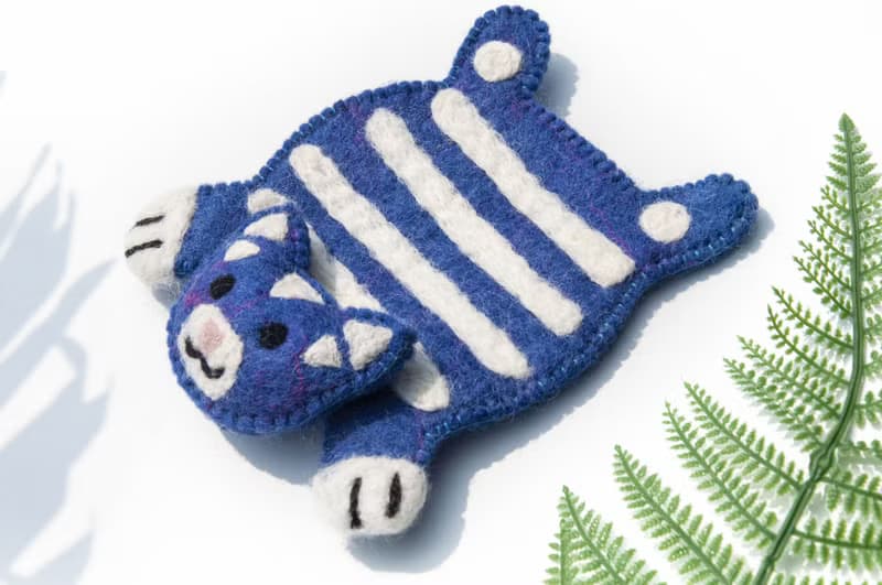 波希米亞森林系羊毛氈杯墊 動物濕氈杯墊-藍色貓咪毛孩子吸水杯墊