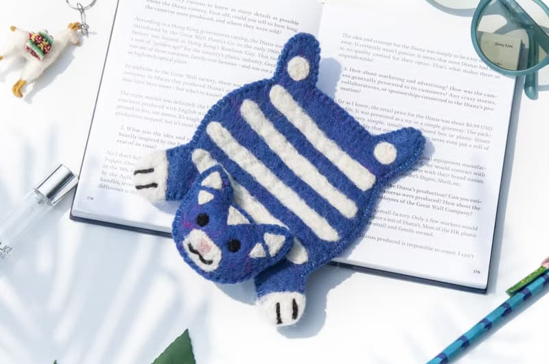 波希米亞森林系羊毛氈杯墊 動物濕氈杯墊-藍色貓咪毛孩子吸水杯墊