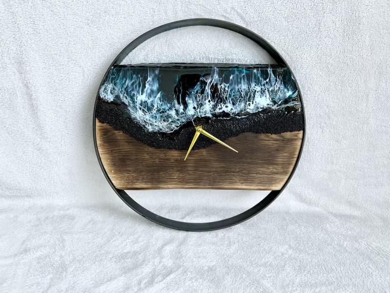 Black Loft wood Beach wall clock, resin ocean clock with sea 壁飾 掛鐘 藍染 女 禮物 入厝禮物