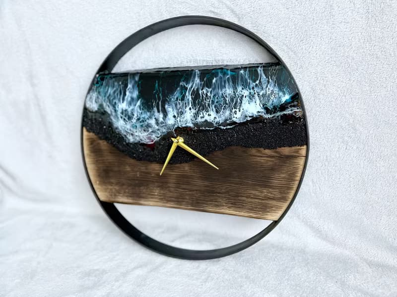 Black Loft wood Beach wall clock, resin ocean clock with sea 壁飾 掛鐘 藍染 女 禮物 入厝禮物
