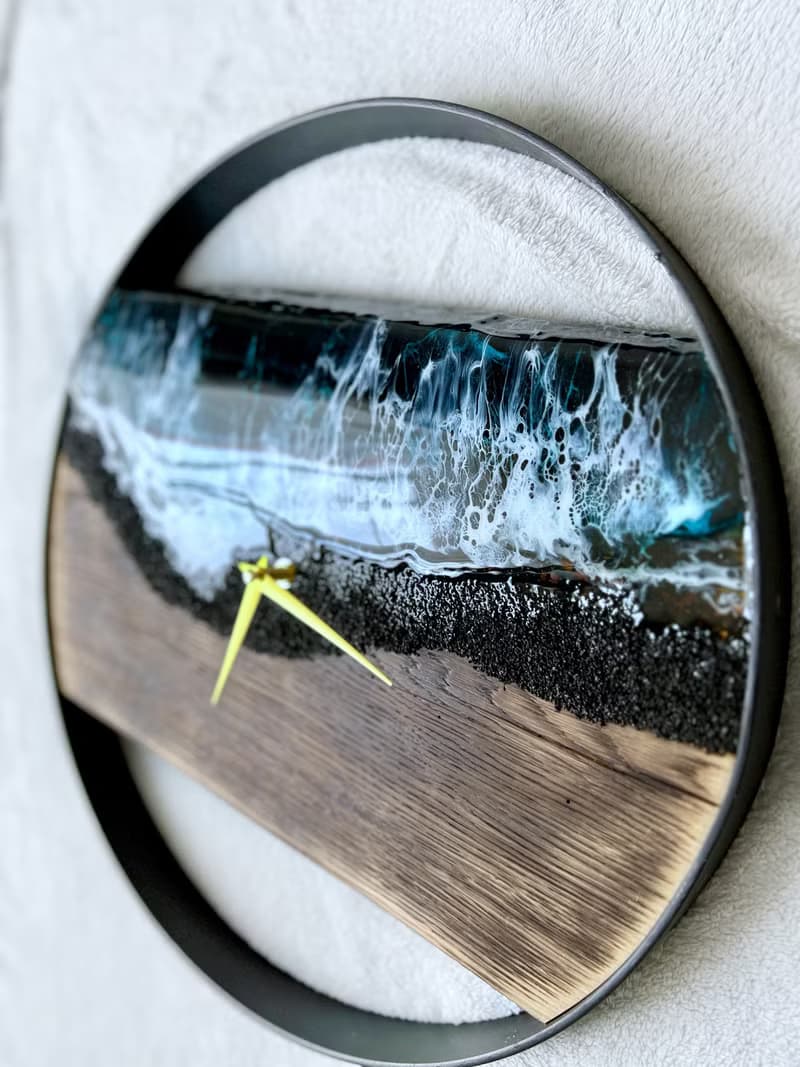 Black Loft wood Beach wall clock, resin ocean clock with sea 壁飾 掛鐘 藍染 女 禮物 入厝禮物