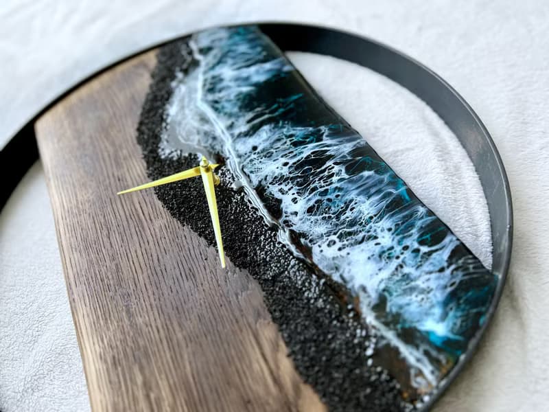 Black Loft wood Beach wall clock, resin ocean clock with sea 壁飾 掛鐘 藍染 女 禮物 入厝禮物