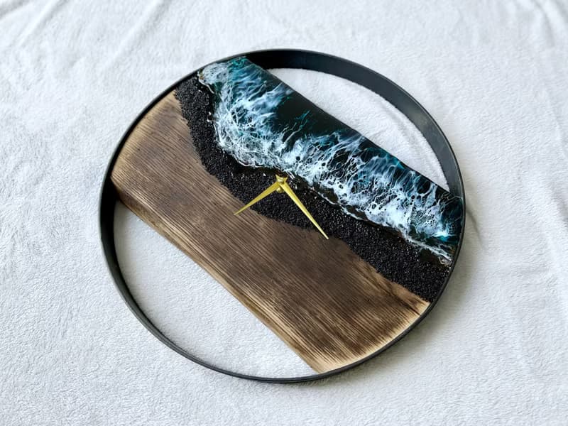 Black Loft wood Beach wall clock, resin ocean clock with sea 壁飾 掛鐘 藍染 女 禮物 入厝禮物
