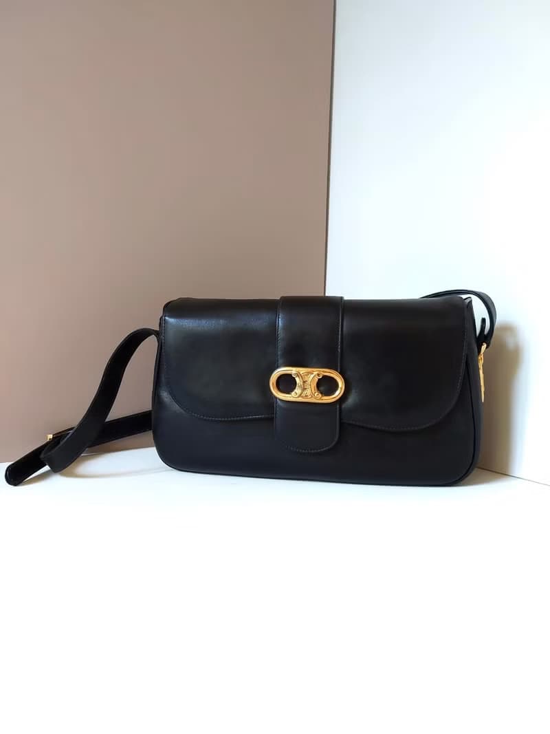 絕版古董包二手Celine凱旋門金扣馬鞍黑色皮革小包單肩側背孭手袋