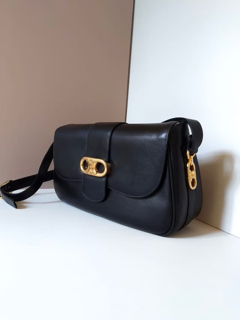 絕版古董包二手Celine凱旋門金扣馬鞍黑色皮革小包單肩側背孭手袋