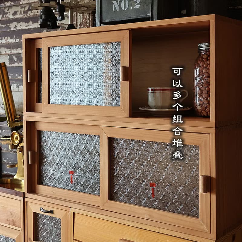 復古海棠玻璃 推拉門 古早味原木儲物櫃 防塵玻璃收納箱 置物架