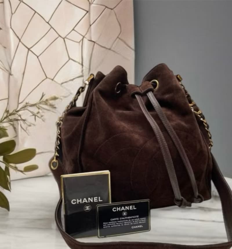 【全套配件】中古二手Chanel咖啡色猄皮小抽繩水桶單肩側揹背手袋