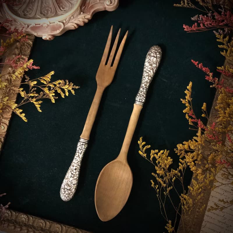 美國製Stieff純銀華麗雕花把手黑胡桃木沙拉大叉匙餐具組