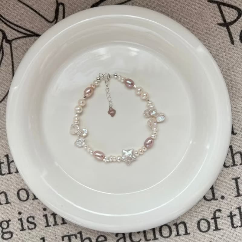 YuanPearl天然巴洛剋星星珍珠聖誕設計款純銀手鍊花瓣紫粉珍珠