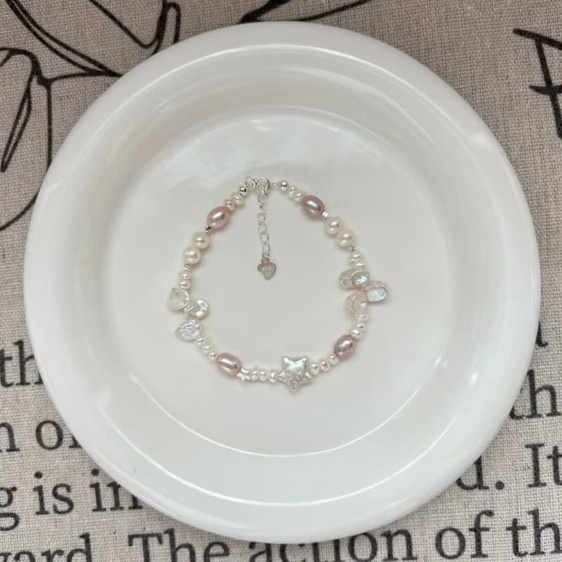 YuanPearl天然巴洛剋星星珍珠聖誕設計款純銀手鍊花瓣紫粉珍珠