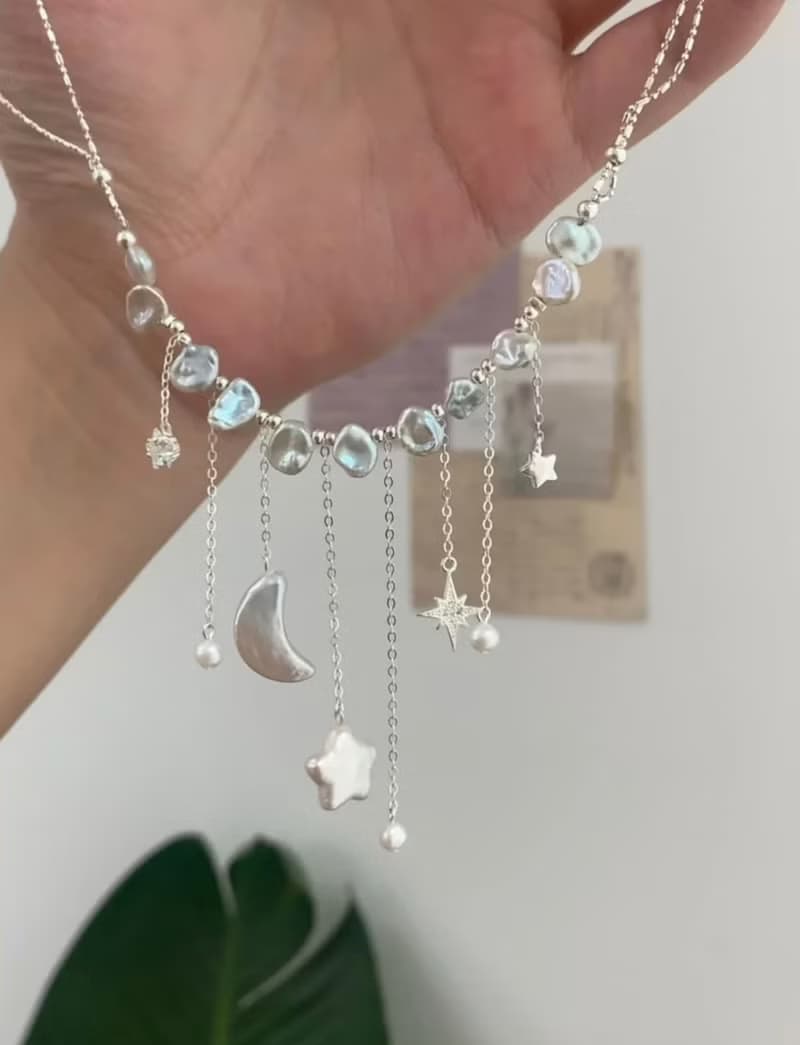 YuanPearl天然野生keshi巴洛剋星星月亮珍珠項鍊小眾純項鍊