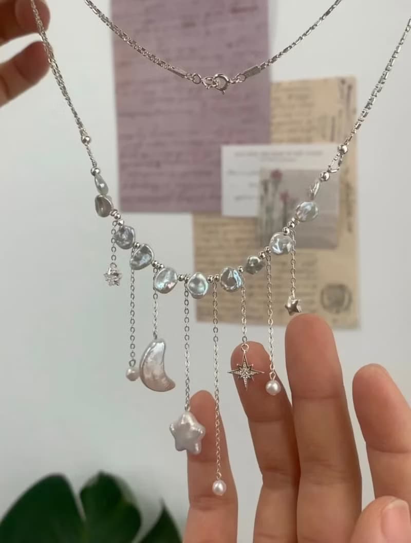 YuanPearl天然野生keshi巴洛剋星星月亮珍珠項鍊小眾純項鍊
